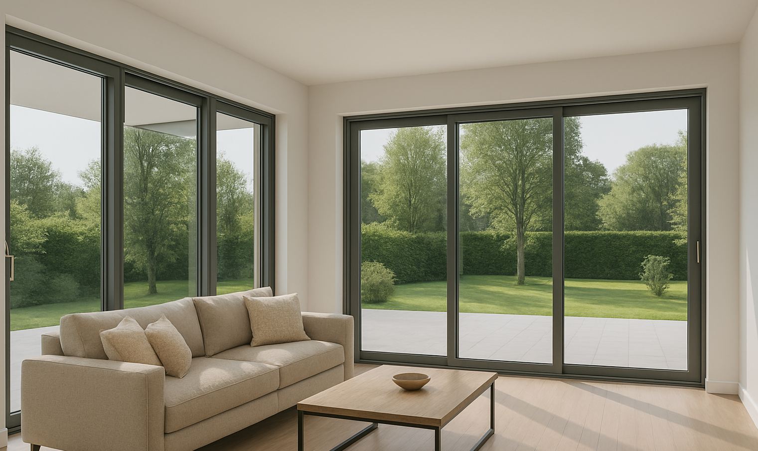 Modernes Wohnzimmer mit großen Fenstern und Gartenblick
